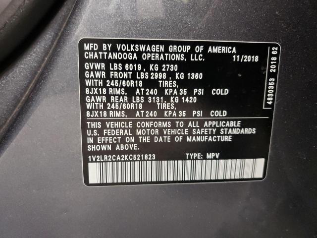 1V2LR2CA2KC521823 - 2019 VOLKSWAGEN ATLAS SE GRAY photo 10