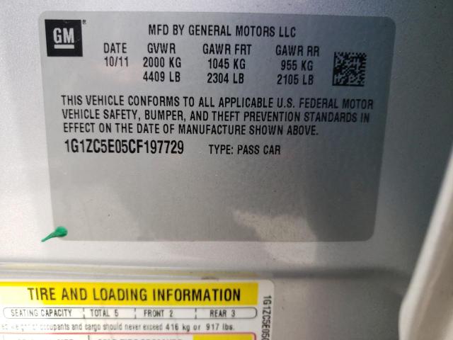 1G1ZC5E05CF197729 - 2012 CHEVROLET MALIBU 1LT ვერცხლისფერი ფოტო 10