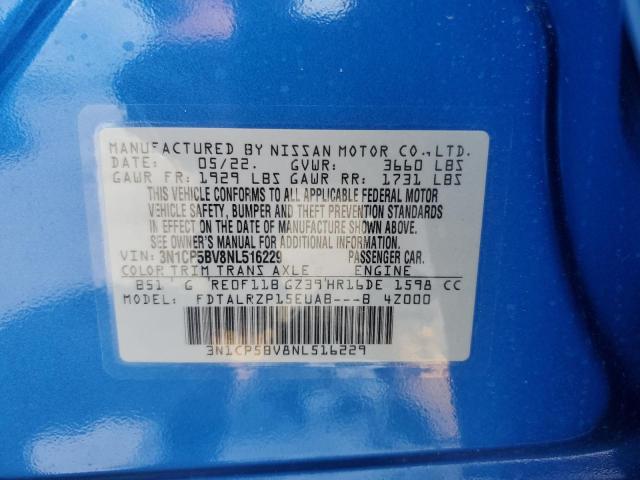 3N1CP5BV8NL516229 - 2022 NISSAN KICKS S BLUE photo 10