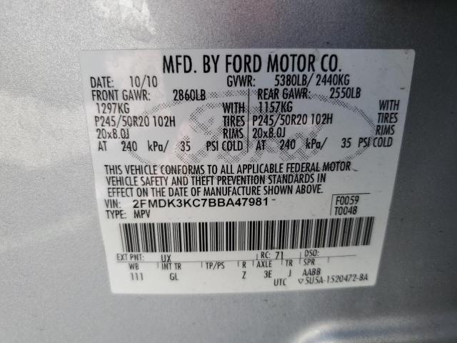 2FMDK3KC7BBA47981 - 2011 FORD EDGE SILVER photo 10