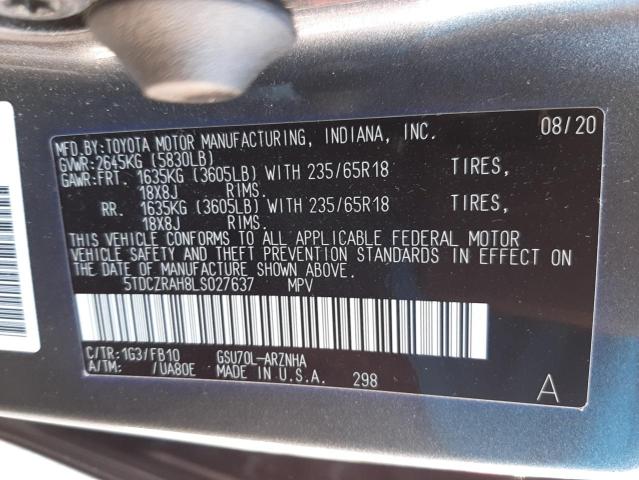 5TDCZRAH8LS027637 - 2020 TOYOTA HIGHLANDER GRAY photo 10