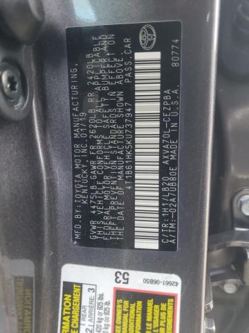 4T1B61HK5KU737947 - 2019 TOYOTA CAMRY XSE GRAY photo 10