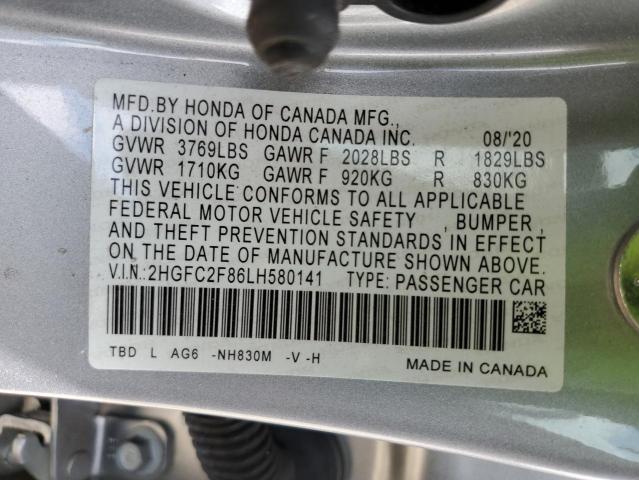2HGFC2F86LH580141 - 2020 HONDA CIVIC SPOR SILVER photo 10