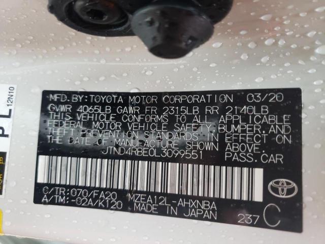 JTND4RBE0L3099551 - 2020 TOYOTA COROLLA SE WHITE photo 10