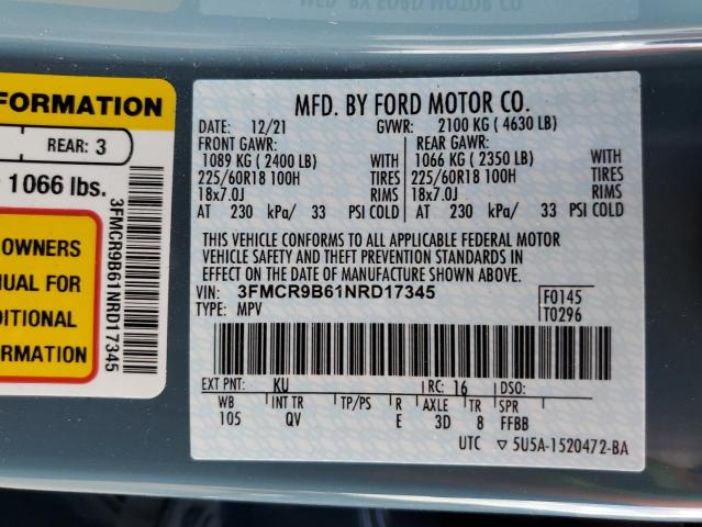 3FMCR9B61NRD17345 - 2022 FORD BRONCO SPO BLUE photo 10