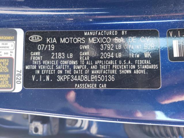 3KPF34AD8LE150136 - 2020 KIA FORTE GT L BLUE photo 10