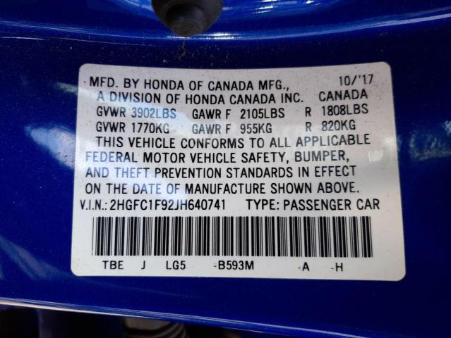 2HGFC1F92JH640741 - 2018 HONDA CIVIC TOUR BLUE photo 10