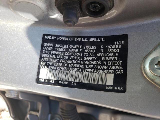 SHHFK7H47HU208604 - 2017 HONDA CIVIC SPOR SILVER photo 10