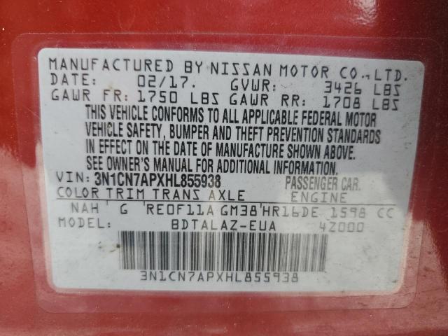 3N1CN7APXHL855938 - 2017 NISSAN VERSA S RED photo 10