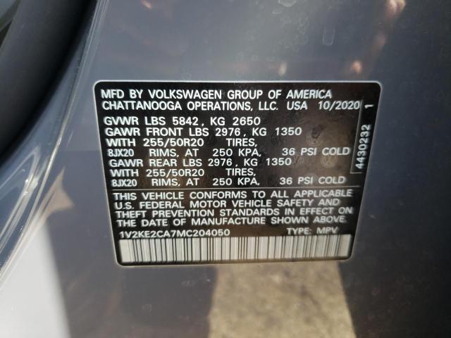 1V2KE2CA7MC204050 - 2021 VOLKSWAGEN ATLAS CROS Серый фото 10