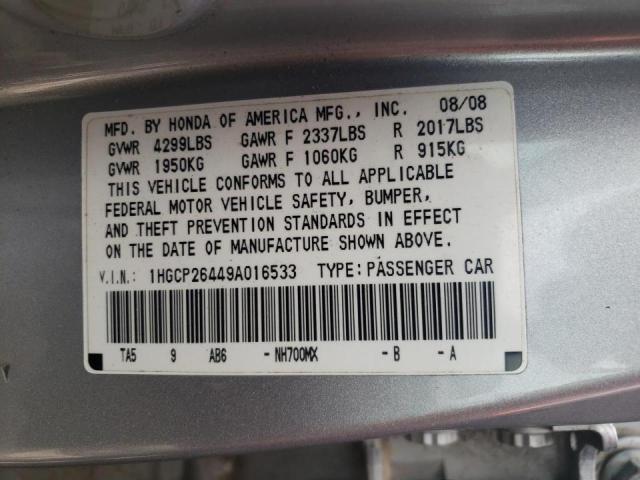 1HGCP26449A016533 - 2009 HONDA ACCORD LXP SILVER photo 10