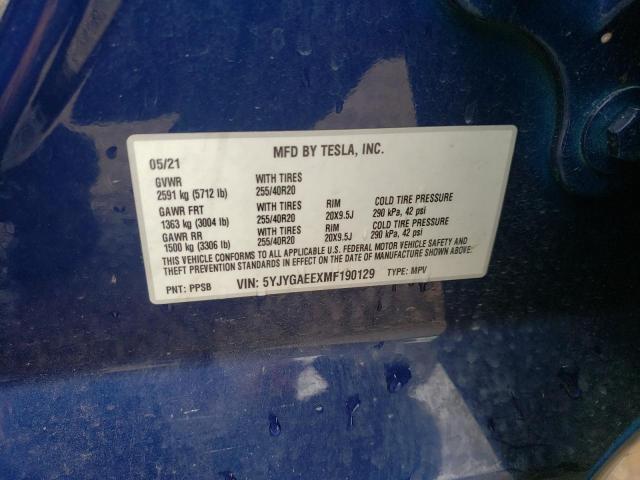 5YJYGAEEXMF190129 - 2021 TESLA MODEL Y Bleu photo 10