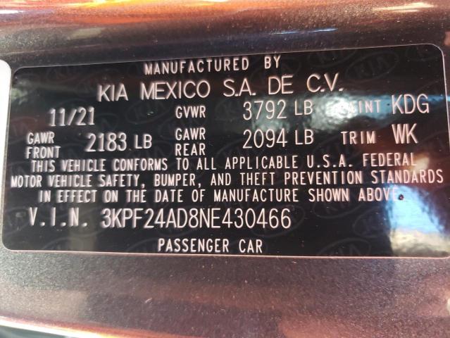 3KPF24AD8NE430466 - 2022 KIA FORTE FE GRAY photo 10