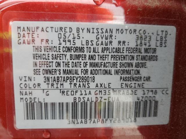 3N1AB7AP8FY289018 - 2015 NISSAN SENTRA S RED photo 10