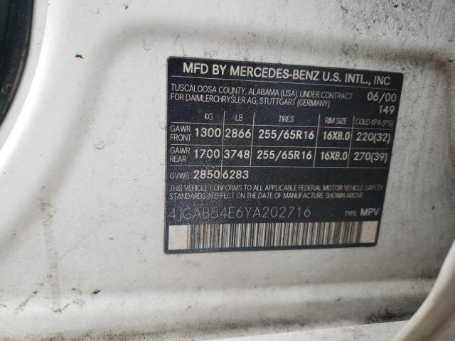 4JGAB54E6YA202716 - 2000 MERCEDES-BENZ ML 320 WHITE photo 10