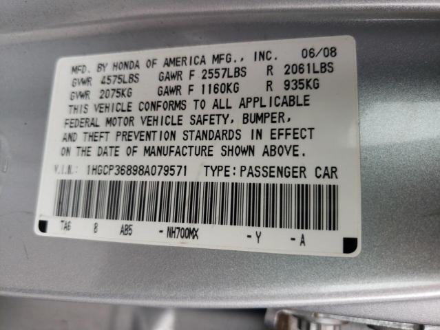 1HGCP36898A079571 - 2008 HONDA ACCORD EXL SILVER photo 10