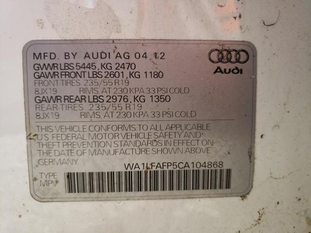 WA1LFAFP5CA104868 - 2012 AUDI Q5 PREMIUM WHITE photo 10