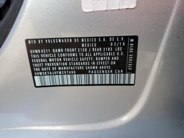 3VW2K7AJ4FM297490 - 2015 VOLKSWAGEN JETTA BASE 银色 照片 10
