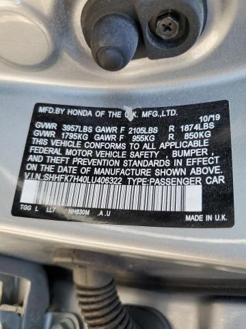 SHHFK7H40LU406322 - 2020 HONDA CIVIC SPOR SILVER photo 10
