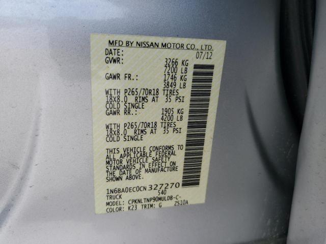 1N6BA0EC0CN327270 - 2012 NISSAN TITAN S SILVER photo 10