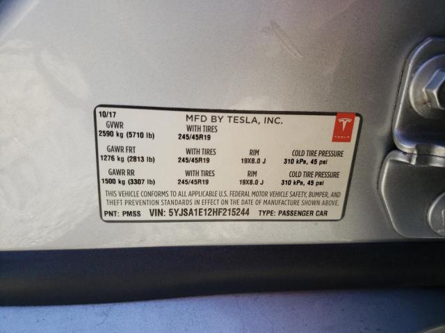 5YJSA1E12HF215244 - 2017 TESLA MODEL S Արծաթագույն լուսանկար 10