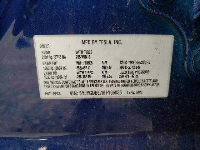5YJYGDEE7MF196035 - 2021 TESLA MODEL Y Bleu photo 10
