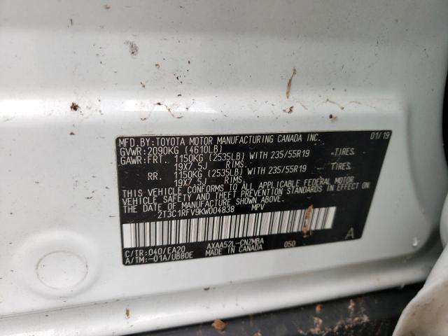 2T3C1RFV9KW004838 - 2019 TOYOTA RAV4 XLE P WHITE photo 10