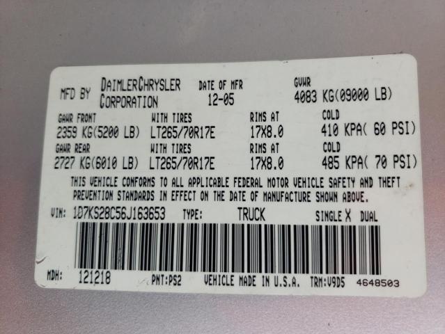 1D7KS28C56J163653 - 2006 DODGE RAM 2500 S ვერცხლისფერი ფოტო 10