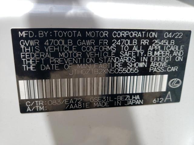 JTHGZ1B2XN5055055 - 2022 LEXUS IS 350 F-S WHITE photo 10