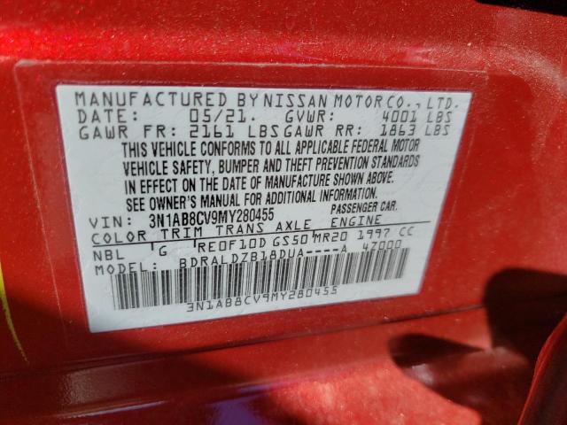 3N1AB8CV9MY280455 - 2021 NISSAN SENTRA SV RED photo 10