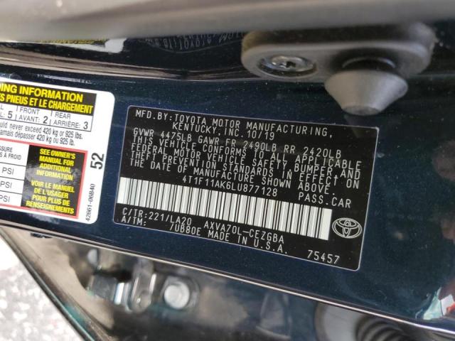 4T1F11AK6LU877128 - 2020 TOYOTA CAMRY XLE BLUE photo 10