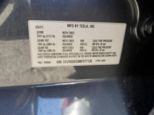 5YJYGDEE0MF277135 - 2021 TESLA MODEL Y فحمي صورة 10