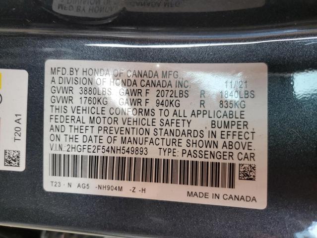 2HGFE2F54NH549893 - 2022 HONDA CIVIC SPOR CHARCOAL photo 10