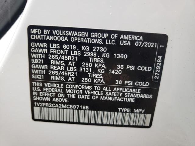 1V2FR2CA2MC597185 - 2021 VOLKSWAGEN ATLAS SEL WHITE photo 10