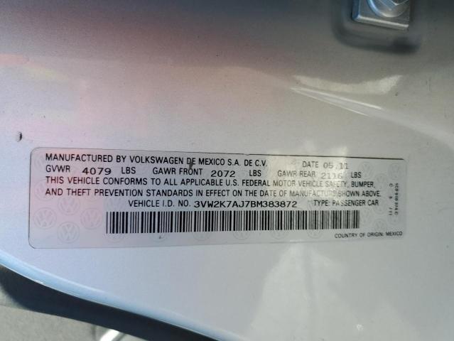 3VW2K7AJ7BM383872 - 2011 VOLKSWAGEN JETTA BASE 银色 照片 10