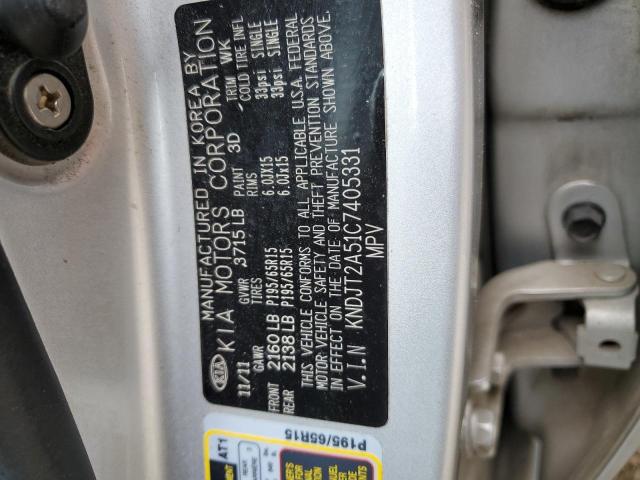 KNDJT2A51C7405331 - 2012 KIA SOUL SILVER photo 10