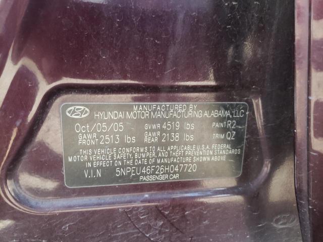 5NPEU46F26H047720 - 2006 HYUNDAI SONATA GLS MAROON photo 10