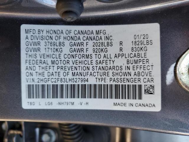 2HGFC2F83LH527994 - 2020 HONDA CIVIC SPOR GRAY photo 10