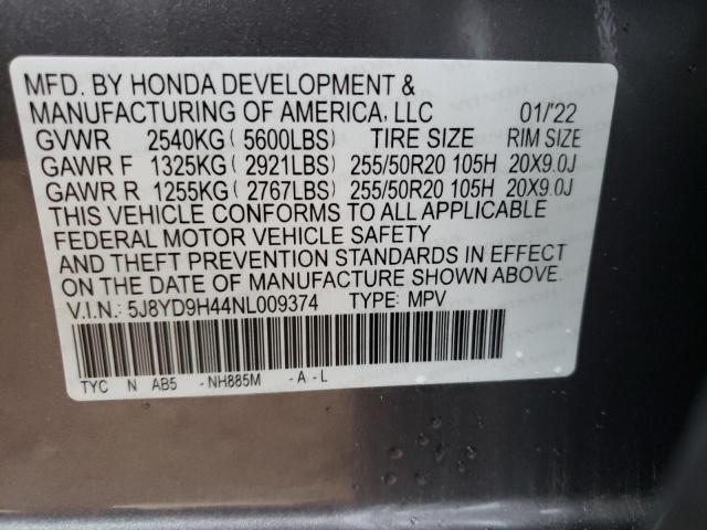 5J8YD9H44NL009374 - 2022 ACURA MDX TECHNO GRAY photo 10