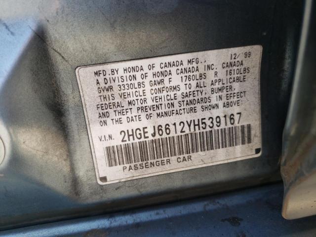 2HGEJ6612YH539167 - 2000 HONDA CIVIC BASE TEAL photo 10