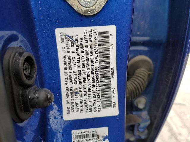 19XFC2F87KE029760 - 2019 HONDA CIVIC SPOR BLUE photo 10
