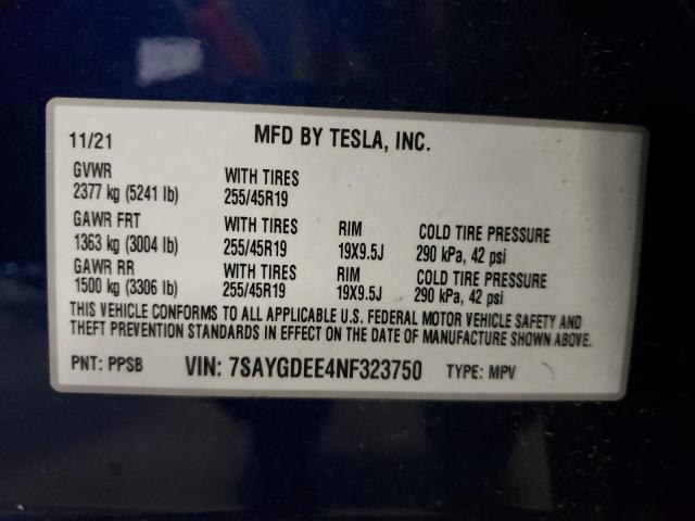 7SAYGDEE4NF323750 - 2022 TESLA MODEL Y Bleu photo 10