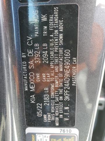 3KPF24AD9NE490160 - 2022 KIA FORTE FE GRAY photo 10