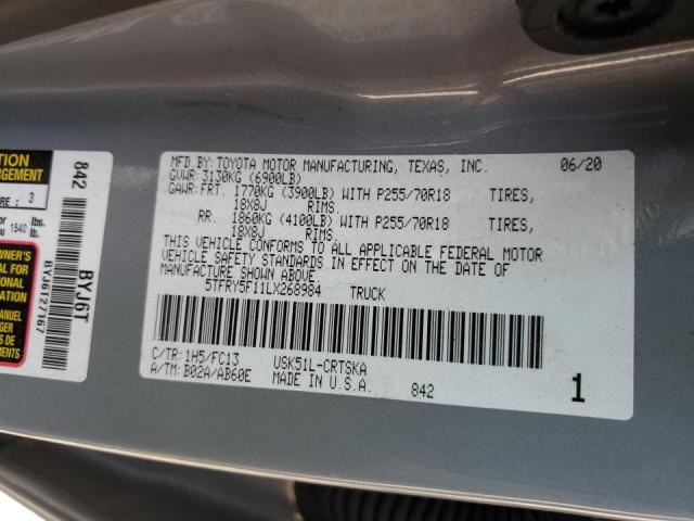 5TFRY5F11LX268984 - 2020 TOYOTA TUNDRA DOU GRAY photo 10