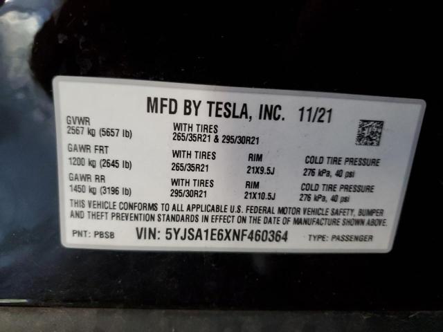 5YJSA1E6XNF460364 - 2022 TESLA MODEL S Qara foto 10