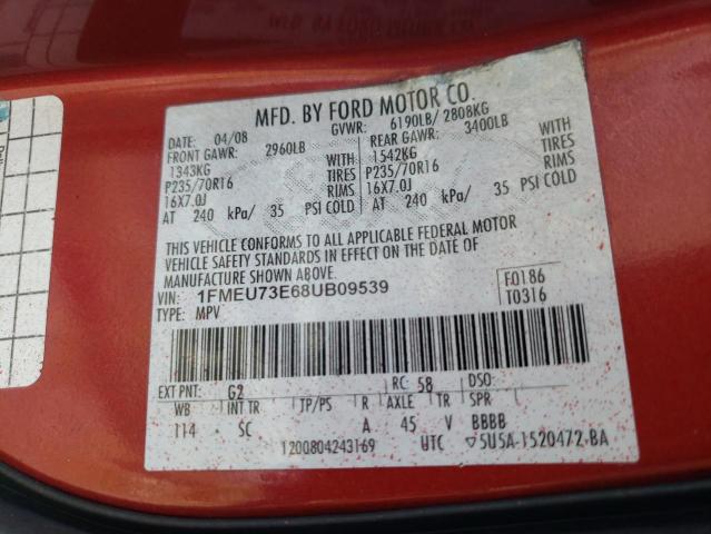 1FMEU73E68UB09539 - 2008 FORD EXPLORER X RED photo 10