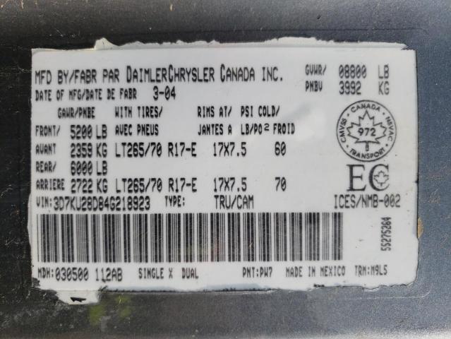 3D7KU28D84G218923 - 2004 DODGE RAM 2500 S Մոխրագույն լուսանկար 10