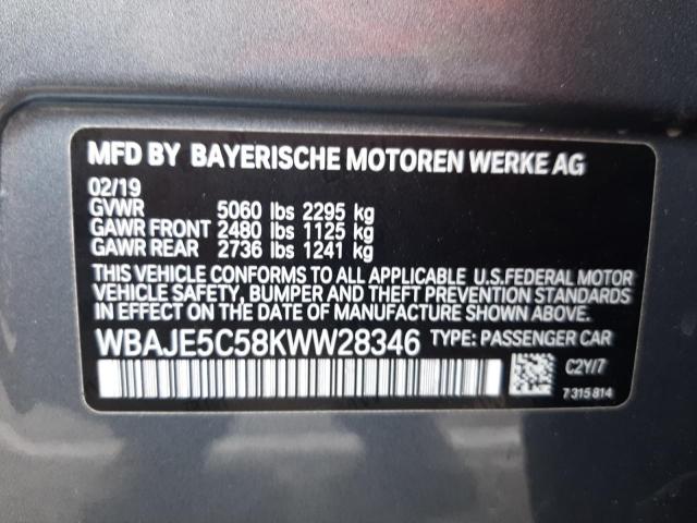 WBAJE5C58KWW28346 - 2019 BMW 540 I GRAY photo 10