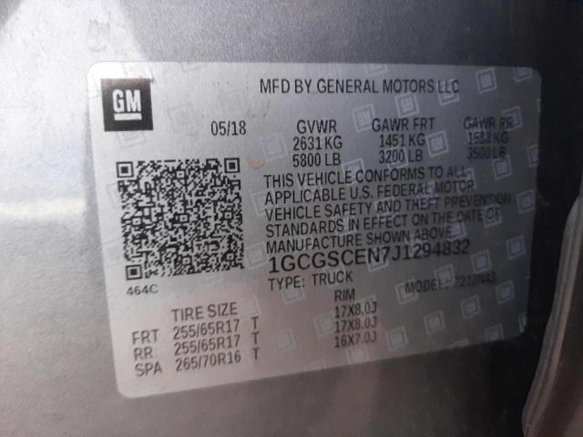 1GCGSCEN7J1294832 - 2018 CHEVROLET COLORADO L GRAY photo 10