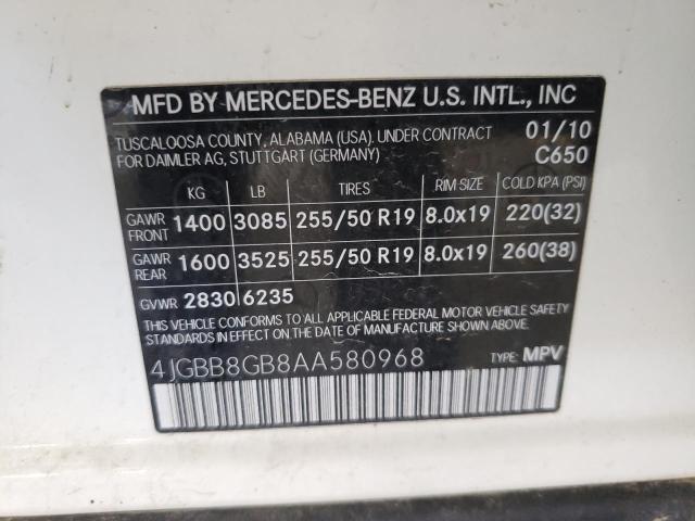 4JGBB8GB8AA580968 - 2010 MERCEDES-BENZ ML 350 4MA WHITE photo 10